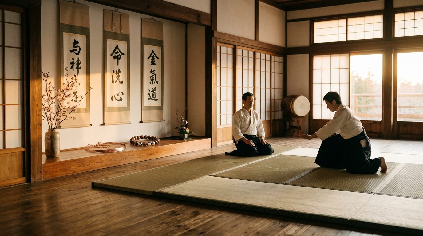 Dojo traditionnel japonais baigné de lumière douce symbolisant les vertus et la philosophie du judo