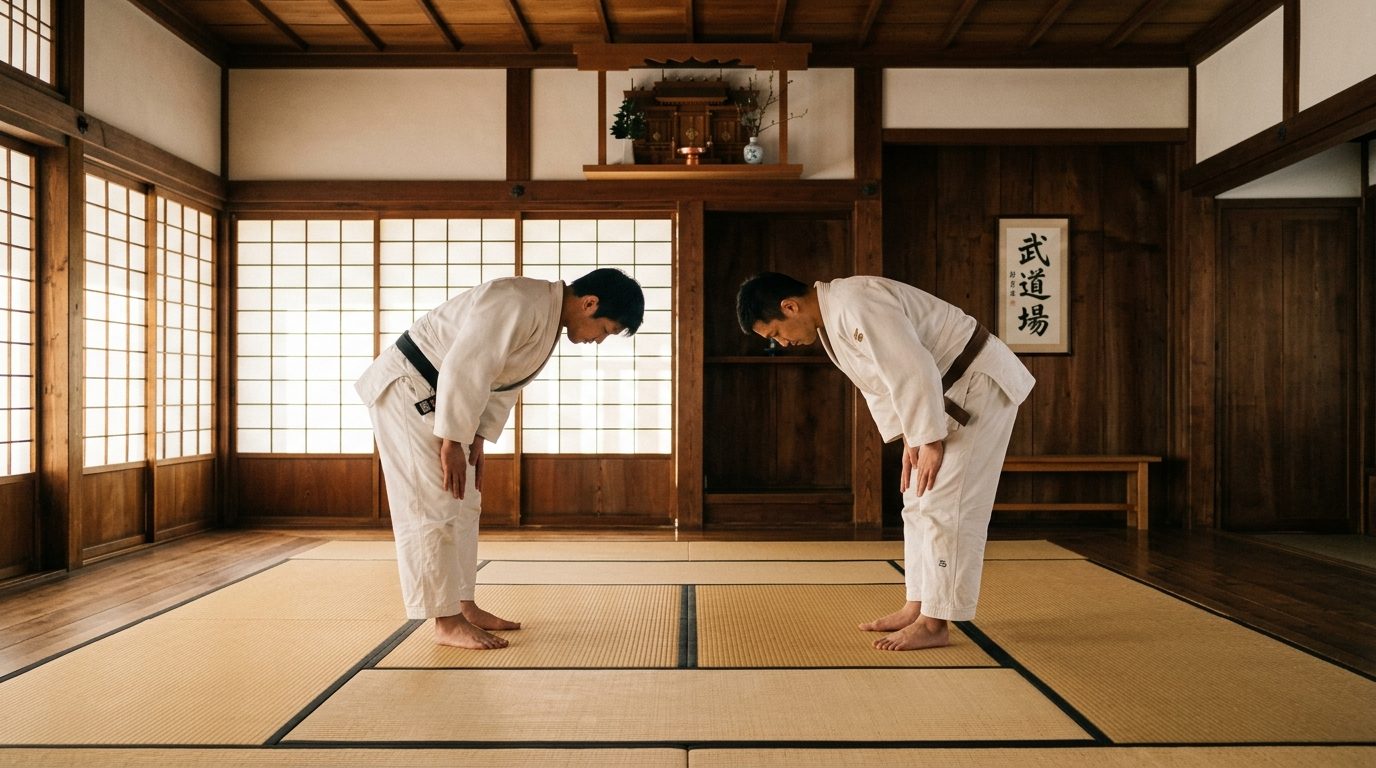 Deux judokas en kimono blanc saluant avec respect sur le tatami d'un dojo traditionnel