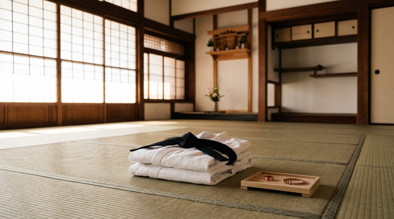 Kimono de judo blanc posé avec sa ceinture noire sur un tatami dans un dojo traditionnel lumineux