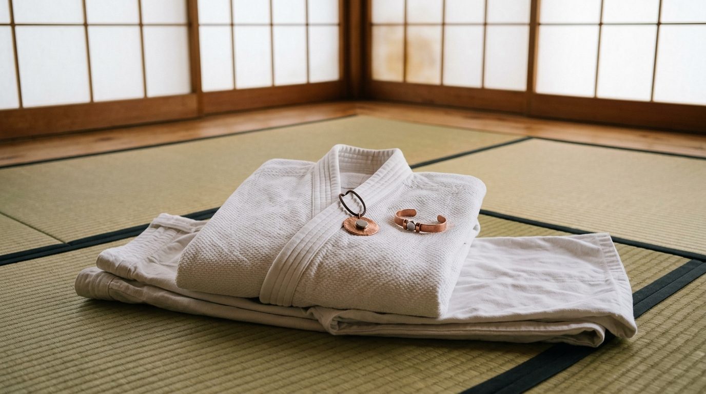 Judogi traditionnel blanc en coton grain de riz posé sur un tatami dans un dojo