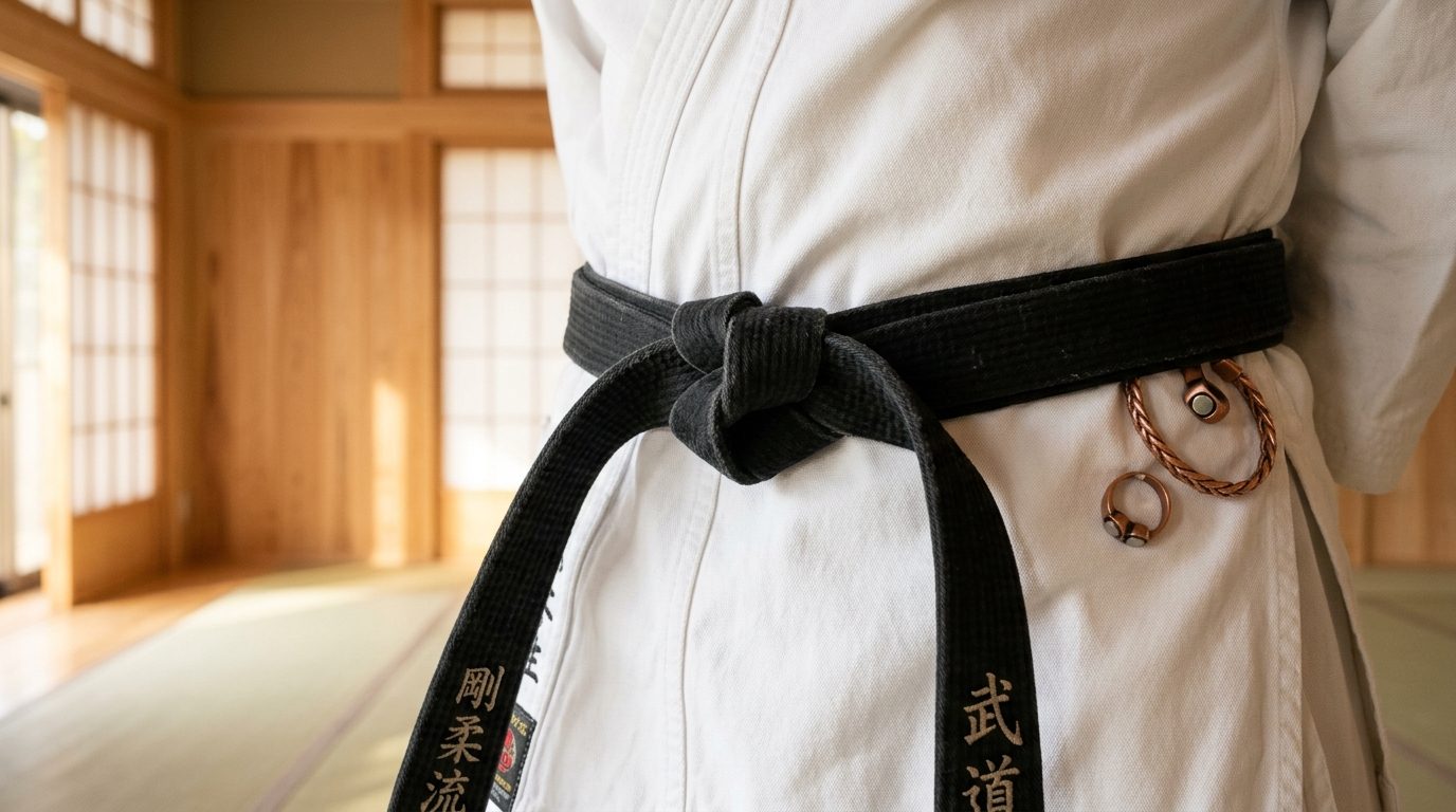 Ceinture de karaté nouée avec précision sur un kimono traditionnel dans un dojo épuré
