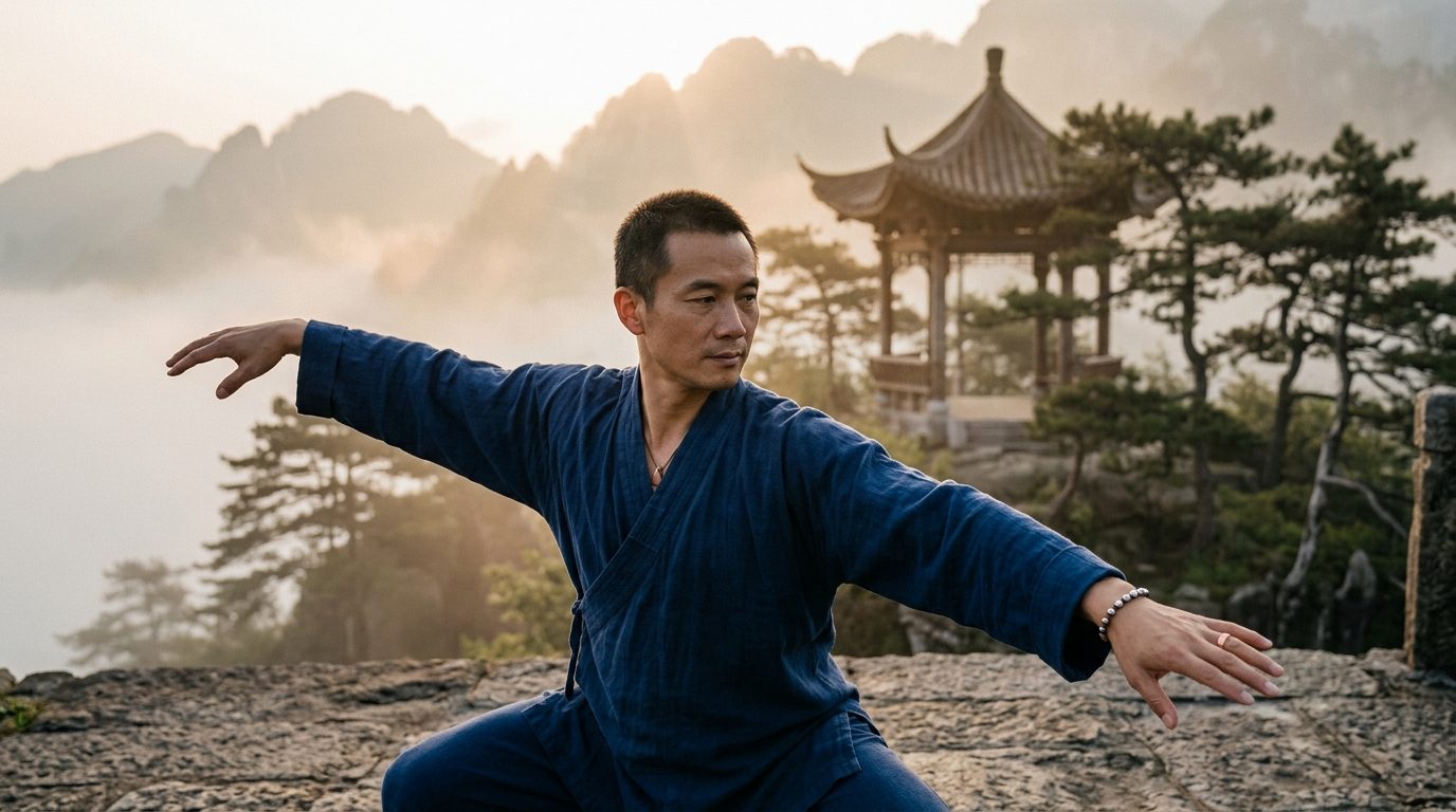 Pratiquant d'art martial chinois effectuant un mouvement traditionnel dans un paysage brumeux de montagnes