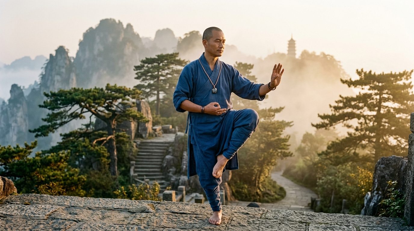 Pratiquant d'art martial chinois à l'aube dans les montagnes brumeuses