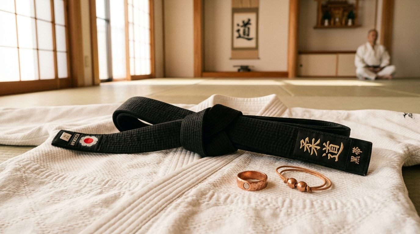 Ceinture noire de judo posée sur un kimono blanc traditionnel sur tatami
