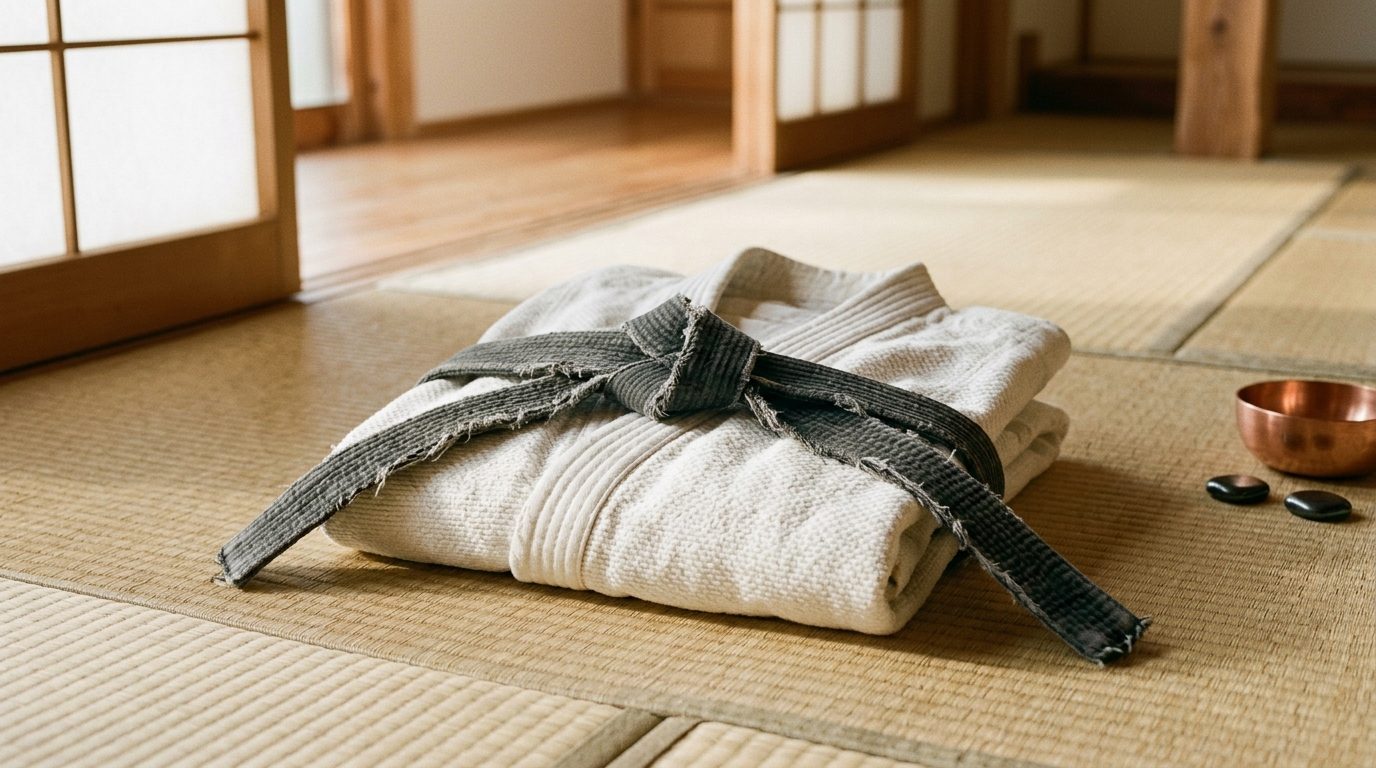 Ceinture noire de judo posée sur un tatami traditionnel dans un dojo lumineux