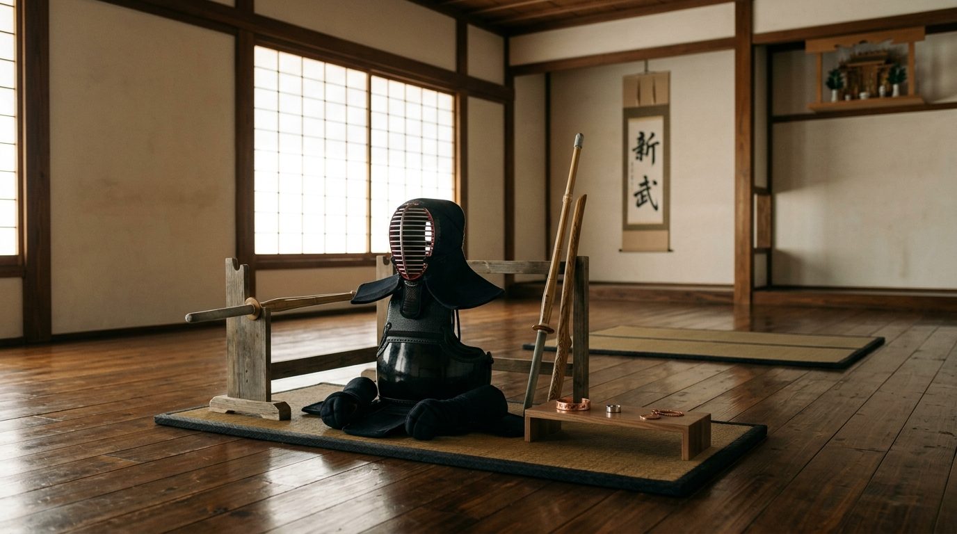 Armure de kendo et sabres d'entraînement en bambou posés sur le plancher d'un dojo traditionnel japonais