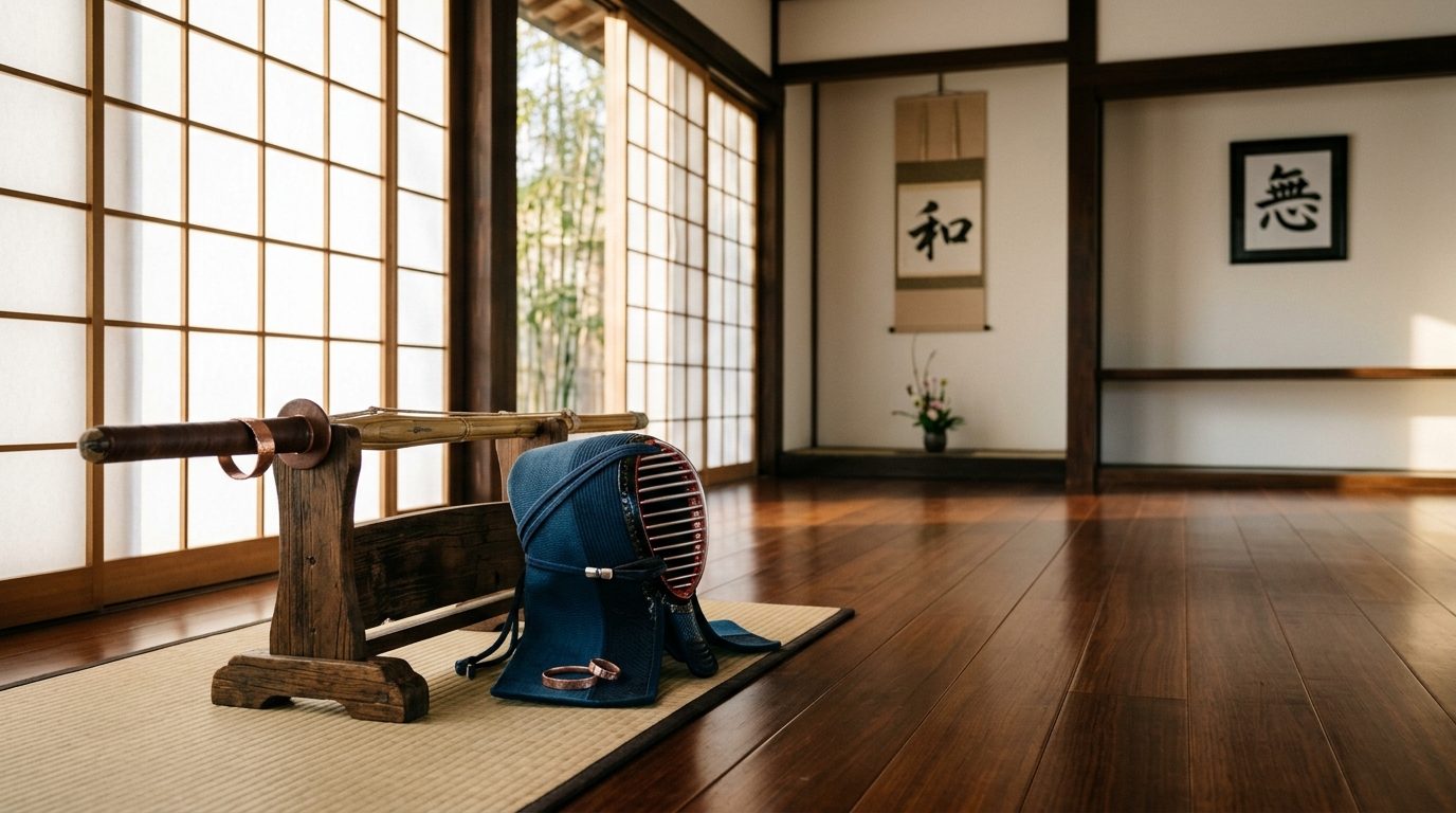 Équipement traditionnel de kendo comprenant un shinai en bambou posé sur le plancher d'un dojo japonais