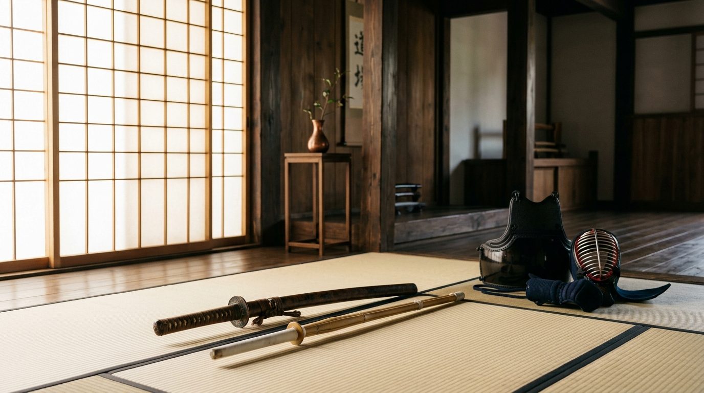 Armure de kendo et sabre en bambou disposés dans un dojo traditionnel japonais
